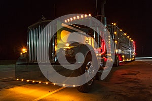 Semi truck attached to a animal carrier trailer/ Parked truck an