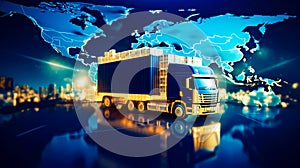 Semi truck with container on the back of it in front of world map. Generative AI