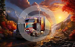 A semi truck driving down a dirt road under a cloudy sky. AI