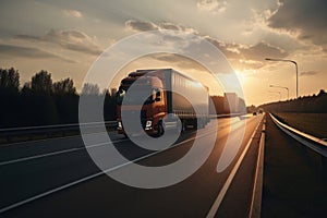 A semi truck driving down a long, empty highway at sunset