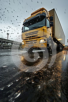 Semi truck driving down a rain soaked road. Transportation in rainy day. Low point of view