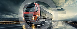 Semi truck driving down a rain soaked road. Transportation in rainy day. Panoramic image