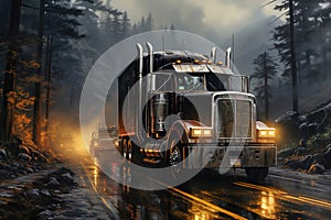 A semi truck driving down a wet road in fog with truck headlights shining