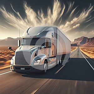 Semi truck driving fast on long road with desert landscape. Transportation and delivery concept. ai generative