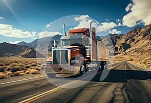 The semi truck driving on a road. A large semi truck driving down a desert road