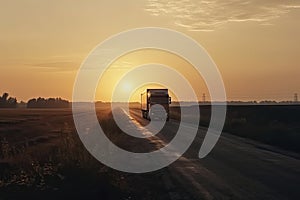 Semi Truck Driving on The Road at Sunset Sky. Industry Road Freight Trucks. Lorry Tractor