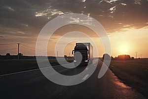 Semi Truck Driving on The Road at Sunset Sky. Industry Road Freight Trucks. Lorry Tractor