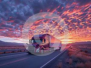 A semi truck gracefully makes its way down a highway, engulfed in the warm glow of a sunset