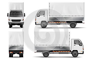 Semi truck isolated on white. Commercial realistic cargo lorry mockup. Delivery truck vector template from side, back