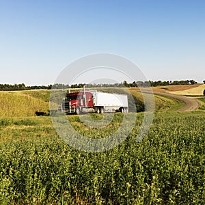 Semi truck on rural road.