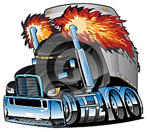 Semi Truck Tractor Trailer Big Rig, Black, Flaming Exhaust, Lots of Chrome, Cartoon Isolated Vector Illustration