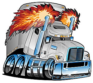 Semi Truck Tractor Trailer Big Rig, White, Flaming Exhaust, Lots of Chrome, Cartoon Isolated Vector Illustration