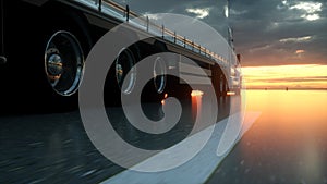 Semi Truck Wheels Closeup on asphalt road highway at sunset - transportation background. 3d rendering
