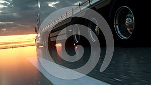 Semi Truck Wheels Closeup on asphalt road highway at sunset - transportation background. 3d rendering