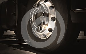 Semi Truck Wheels Tires. Chrome Wheels. Rubber, Vechicle Tyres. Freight Trucks Cargo Transport photo
