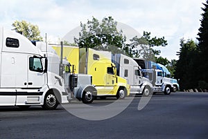 Semi-trucks parked in a rest area.