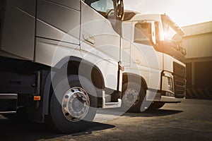 Semi Trucks on The Parking Lot. Front Truck Wheels Tires. Freight Truck Logistics Transport