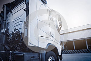 Semi Trucks on The Parking Lot at Warehouse. Tractor Truck. Freight Truck Logistics Transport.