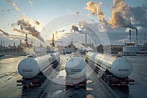 Semi-trucks with white tanks transporting oil at industrial refinery in evening