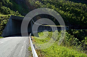 Semi tunnel in mountain side on senja island for falling rock protection