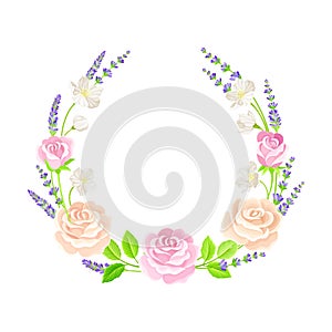 Semicircle Floral Frame with Lavender Twigs and Rose Buds Vector Illustration