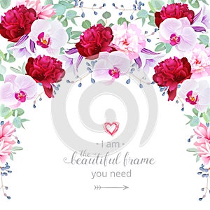 Semicircle garland frame with rose, peony, campanula and orchid