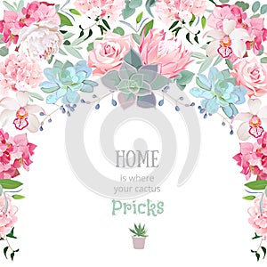 Semicircle garland frame with succulents, protea, rose, peony, orchid, echeveria, hydrangea, green plants.