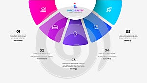 Semicircle pie chart divided into 5 parts. Concept of five features of startup project to select