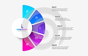 Semicircle pie chart divided into 5 parts. Concept of five step infographic