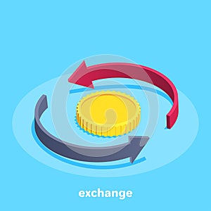 semicircular arrows around a golden coin, currency exchange, business and financial