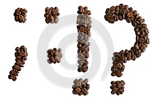 A semicolon, a colon, an exclamation mark and a question mark are laid out from roasted coffee beans, isolated on a white