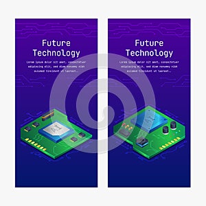 Semiconductor chip banners in isometric view