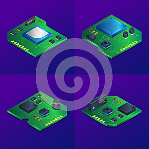 Semiconductor chip illustrations in isometric view