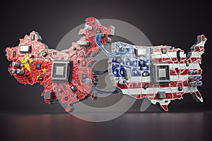 Semiconductor chip war between USA and China concept. Computer chips in from of China and USA map in colors of flags