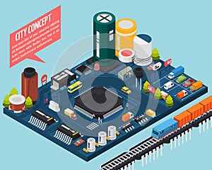 Semiconductor Electronic Components Isometric City Concept