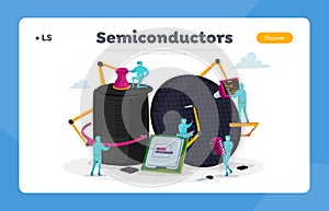 Semiconductor Manufacturing Process Landing Page Template. Facility Team of Scientist Characters Set up Micro Processor