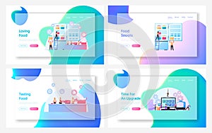 Semifinished Products, App Upgrade Landing Page Template Set. Tiny People Put Frozen Food in Huge Refrigerator