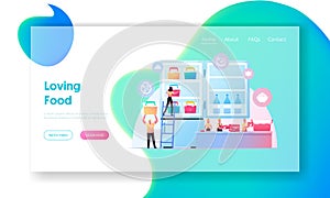 Semifinished Products Landing Page Template. Tiny People Put Frozen Food in Huge Refrigerator