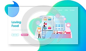 Semifinished Products Landing Page Template. Tiny People Put Frozen Food in Huge Refrigerator photo