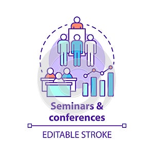 Seminars conferences concept icon. Corporate events idea thin line illustration. Business meetings, trainings. Company