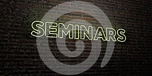 SEMINARS -Realistic Neon Sign on Brick Wall background - 3D rendered royalty free stock image