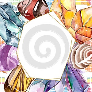 Semiprecious stones on white background. Watercolor background illustration set. Frame crystal. Rock jewelry mineral.
