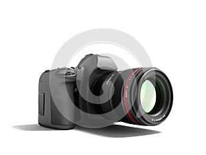 Semiprofessional zoom camera with black leather inserts 3D render on white background with shadow