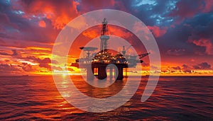 A semisubmersible oil rig in the ocean at sunset, glowing in the afterglow