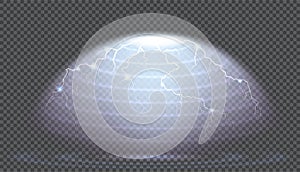 Semitransparent lightning thunderbolt energetic wave shield. Protective dome screen glow light effect on transparent background