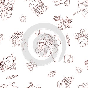 Semless pattern with cute contour bee, flowers and hunny isolate on a white background