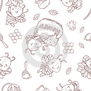 Semless pattern with cute contour bee, flowers and hunny isolate on a white background