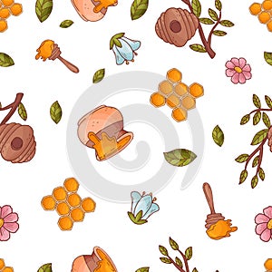 Semless pattern with cute flowers and hunny isolate on a white background