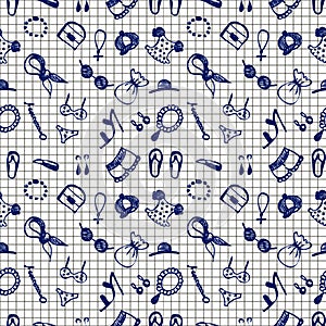 Semless vector pattern with clothes and accessory. Hand sketch drawing