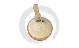 Semolina in wooden bowl and scoop isolated on white background. nutrition. bio. natural food ingredient.top view